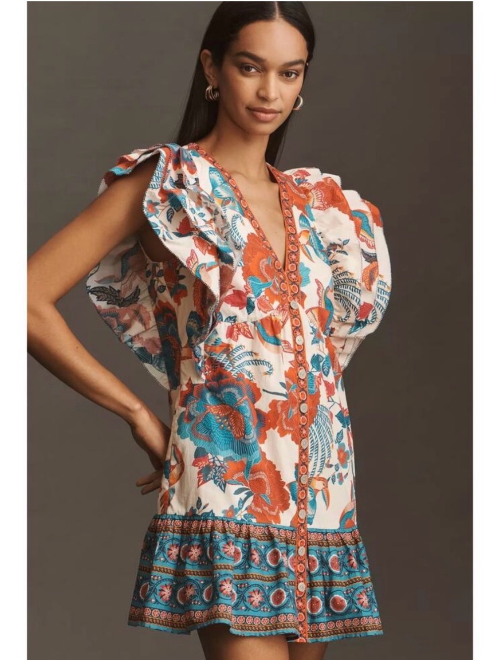 NWT FARM Rio Cream Mini Dress with Red & Teal Floral Print - Picture 4 of 6